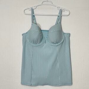 Cacique Tankini Top Women's 40D 2XL Green White Striped Seersucker Built In Bra